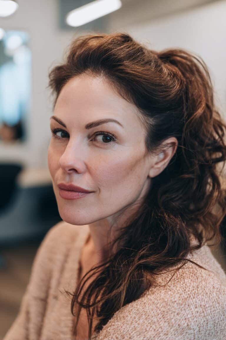 Sophisticated woman in her 40s with a textured mid-height ponytail in chestnut waves, posed in a cozy café – ponytail hairstyles for women over 40 series.