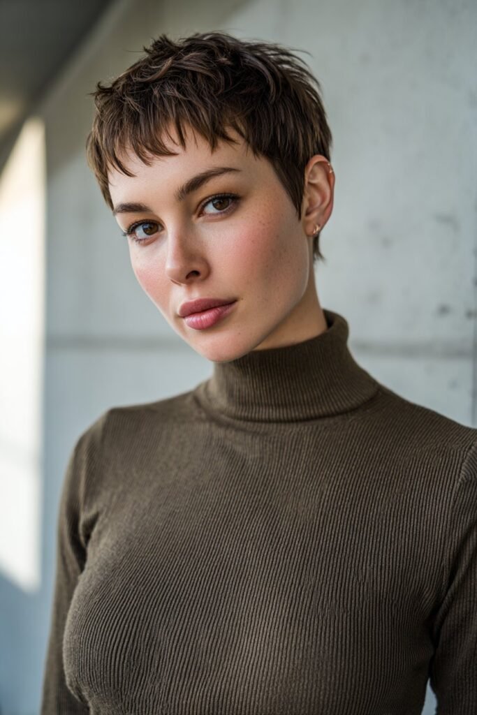 Bold woman in her 20s wearing a fitted turtleneck with a textured pixie cut hairstyle in a minimalist concrete studio.