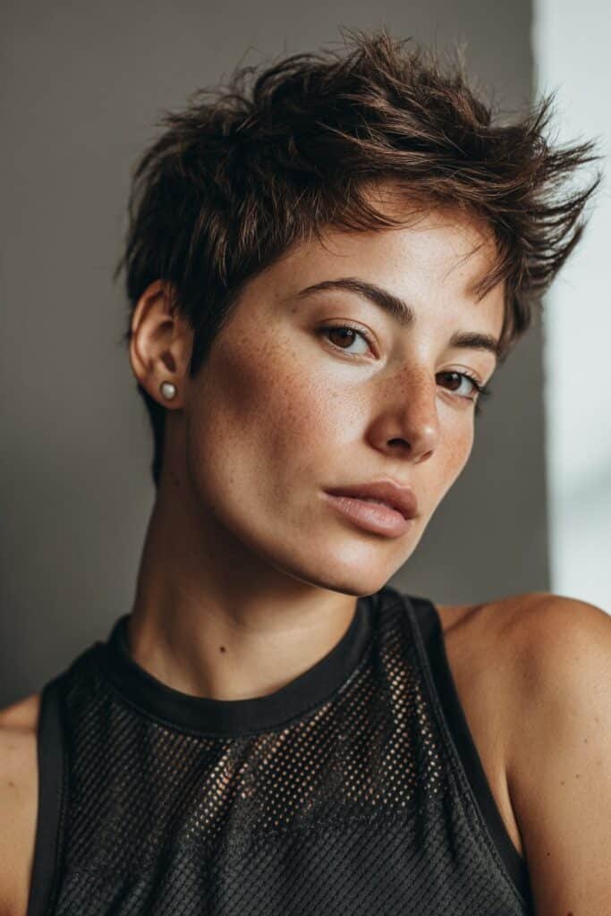 Thin fine hair styled in a textured pixie cut with feathered layers, set against a softly blurred city street background.