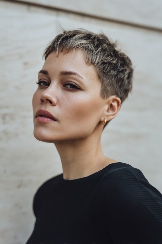 A bold woman with thin fine hair styled in a textured pixie with a side-swept fringe, wearing a sleek black top, posed against a stone-textured modern wall.