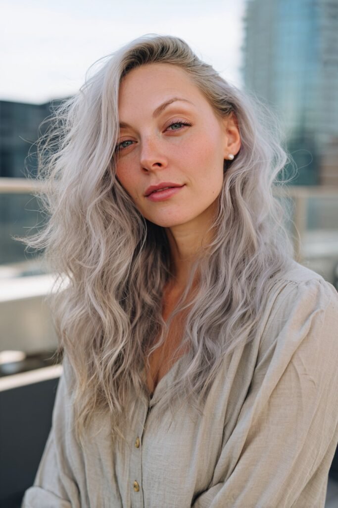 Young woman featuring textured platinum waves, loose icy blonde curls photographed on a sunlit outdoor terrace.