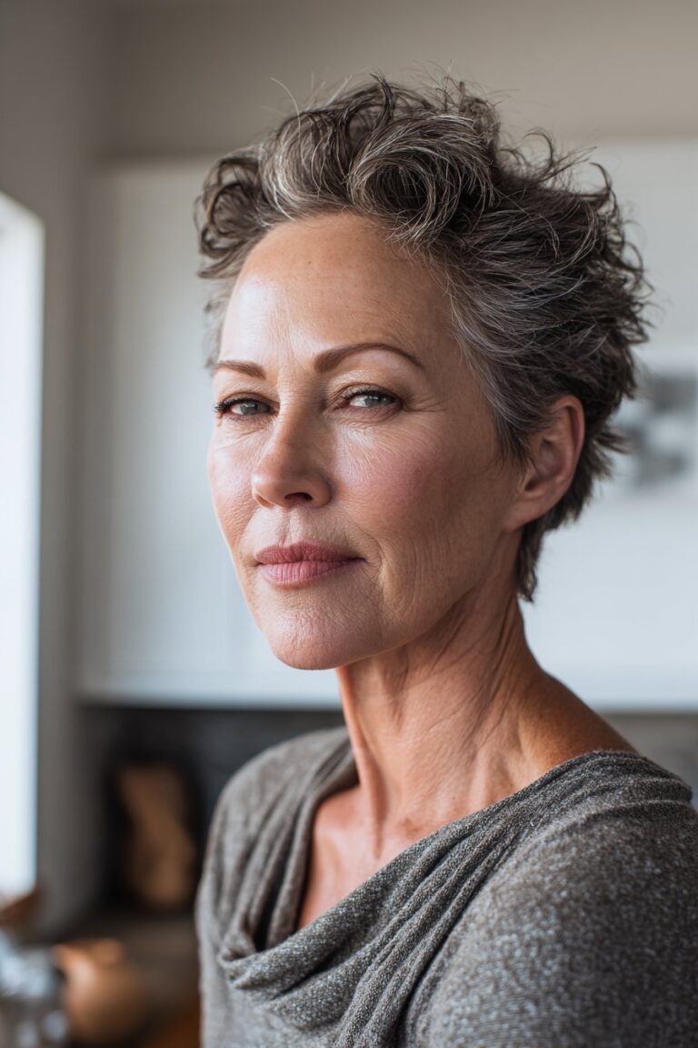 A woman over 50 showing a textured shag hairstyle with added volume at the crown, standing in a modern kitchen with natural window light.