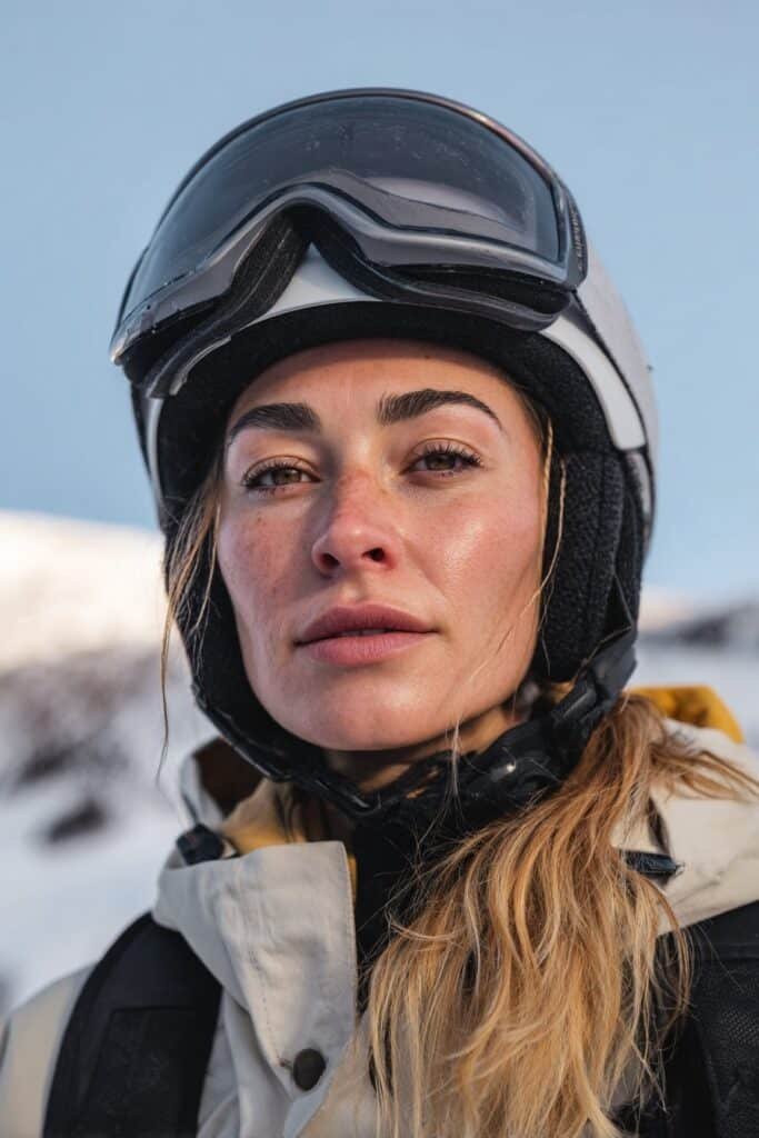 Front-facing image of a woman in her 20s wearing a ski helmet with a textured ponytail, adding natural movement to a practical ski hairstyle.