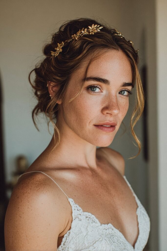 Bride in her 20s wearing a textured updo wedding hairstyle accented with a delicate gold hair vine in a romantic candle-lit ceremony space.