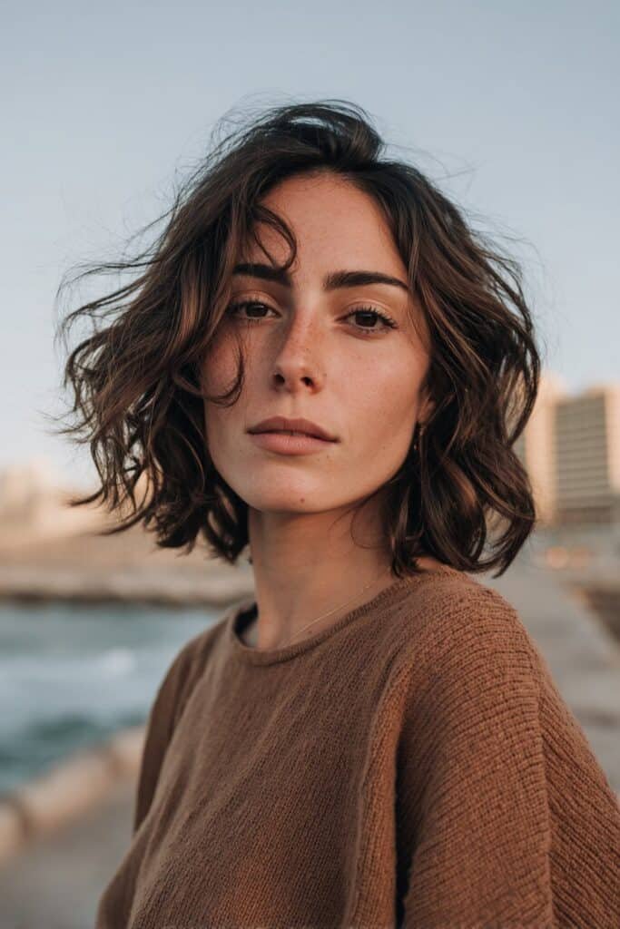 Front-view image of a woman in her 20s with a textured wavy lob haircut that enhances natural body and fullness in fine hair.