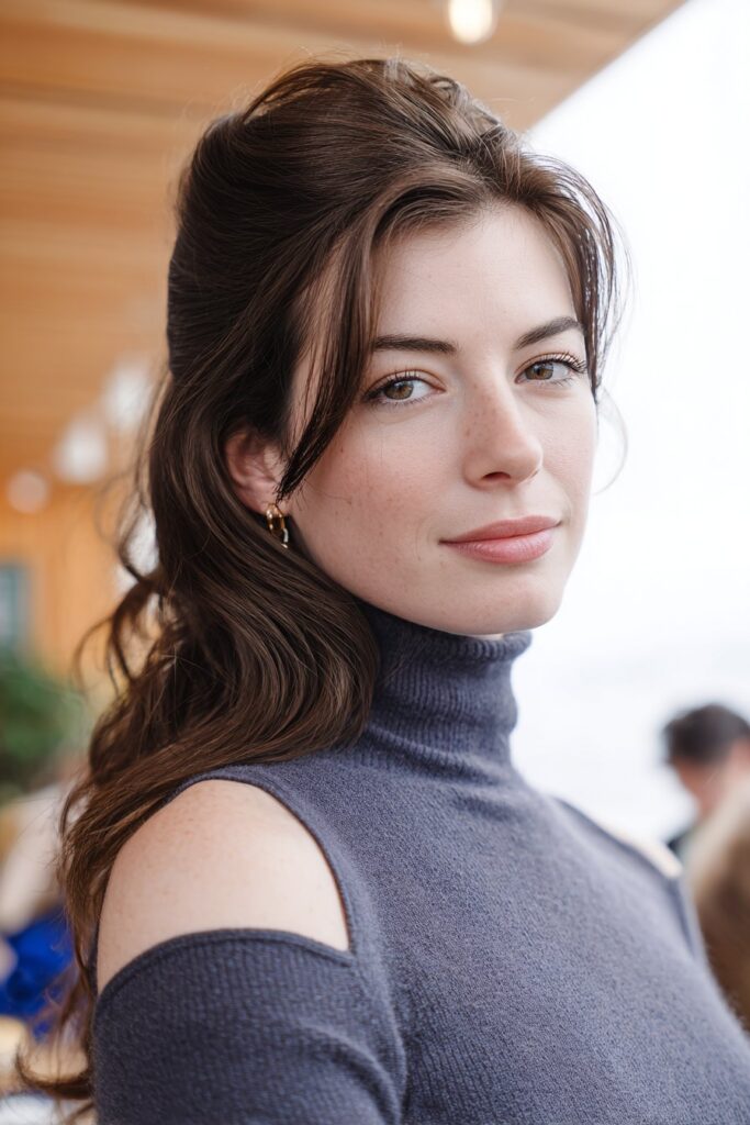 Woman in her 20s wearing a fitted turtleneck with a half bouffant hairstyle, featuring lifted crown volume and smooth sides in a warm café setting.
