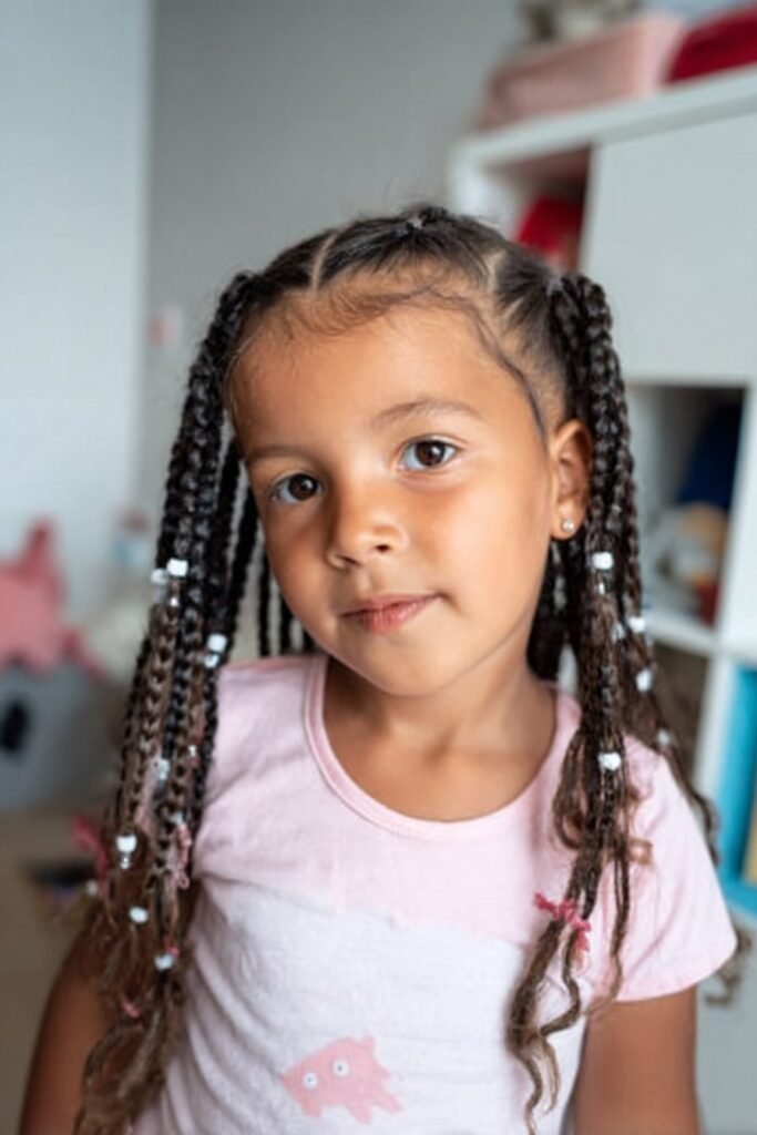 Toddler girl wearing neat braids with beads attached to the braid ends in a nursery room.