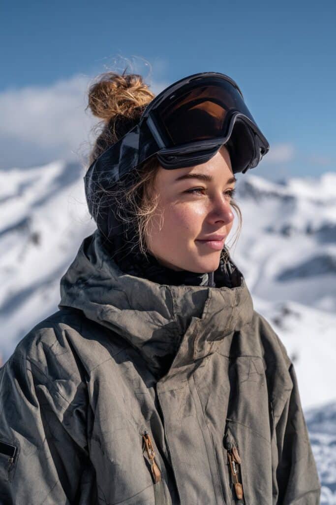 Front-view image of a woman in her early 20s wearing a top knot bun designed for snowboarding, practical and stylish with an icy mountain ridge backdrop.