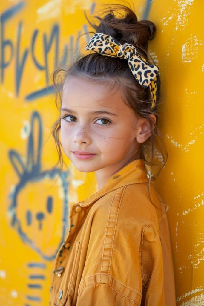 A cheerful young girl with a top knot secured by a knotted headband, wearing a lavender dress, posing in a cozy children’s reading corner with books and cushions.