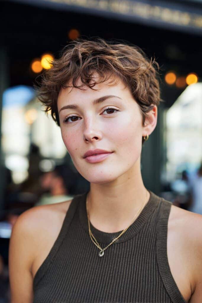 Young woman with thin fine wavy hair in a tousled pixie cut, subtle makeup, posing on a cozy city café street with soft background lights.