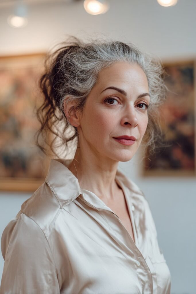 Elegant woman in her 40s with a tousled ponytail featuring ash brown streaks, posed in an art gallery – ponytail hairstyles for women over 40 series.