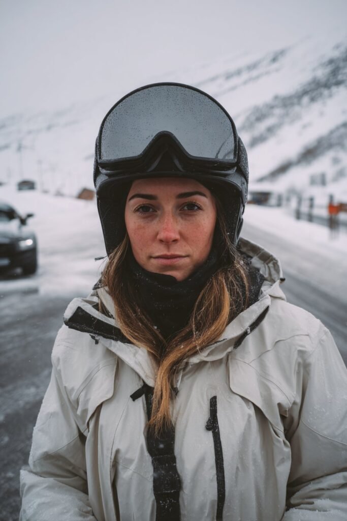 Front-view image of a woman in her 20s wearing a ski helmet with hair fully tucked in, a minimalist ski hairstyle focused on warmth and ease.