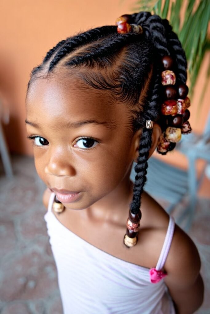 Toddler girl wearing twist braids gathered into a beaded ponytail in a sunny patio setting.