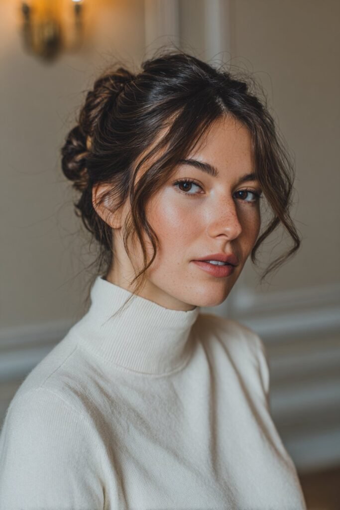 Woman in her 20s wearing an elegant turtleneck, styled with a twisted crown chignon featuring softly twisted sections forming a crown and a low chignon at the nape, photographed in a classic neutral interior.