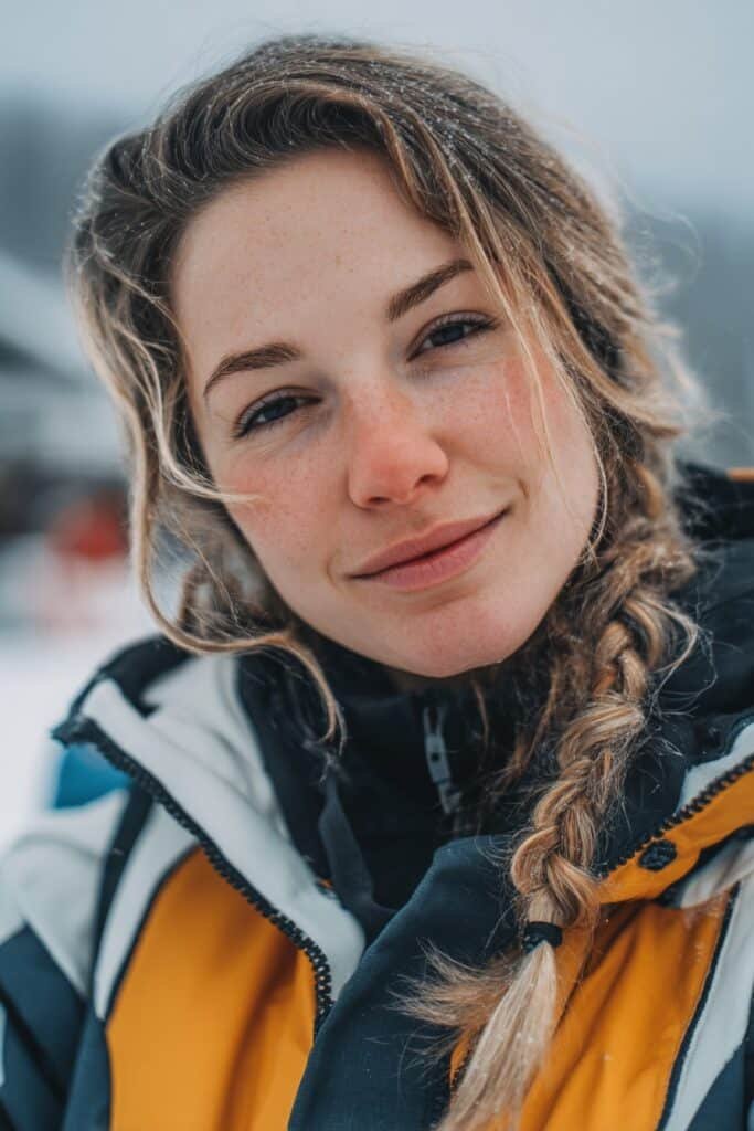 Chest-up image of a woman in her 20s showcasing a twisted low Braid for snowboarding, with visible front twists and a snowy forest clearing background.