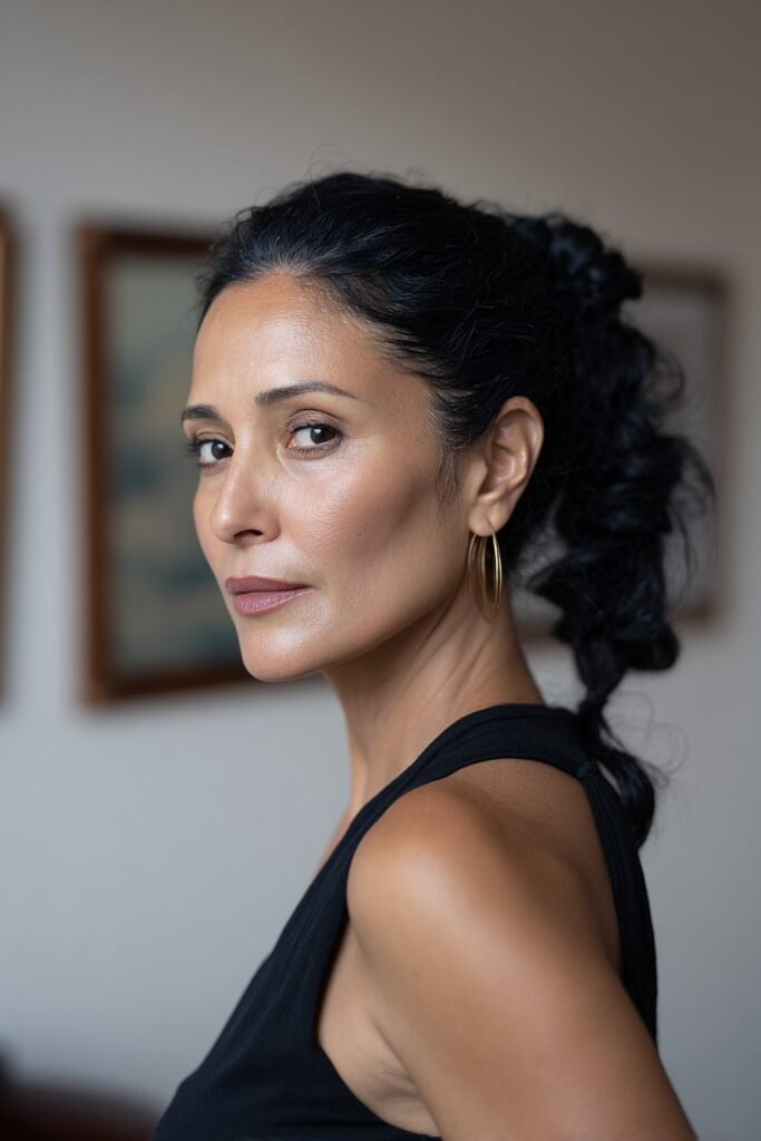 Striking woman in her 40s with a twisted ponytail in rich black, posed on an urban rooftop – ponytail hairstyles for women over 40 series.