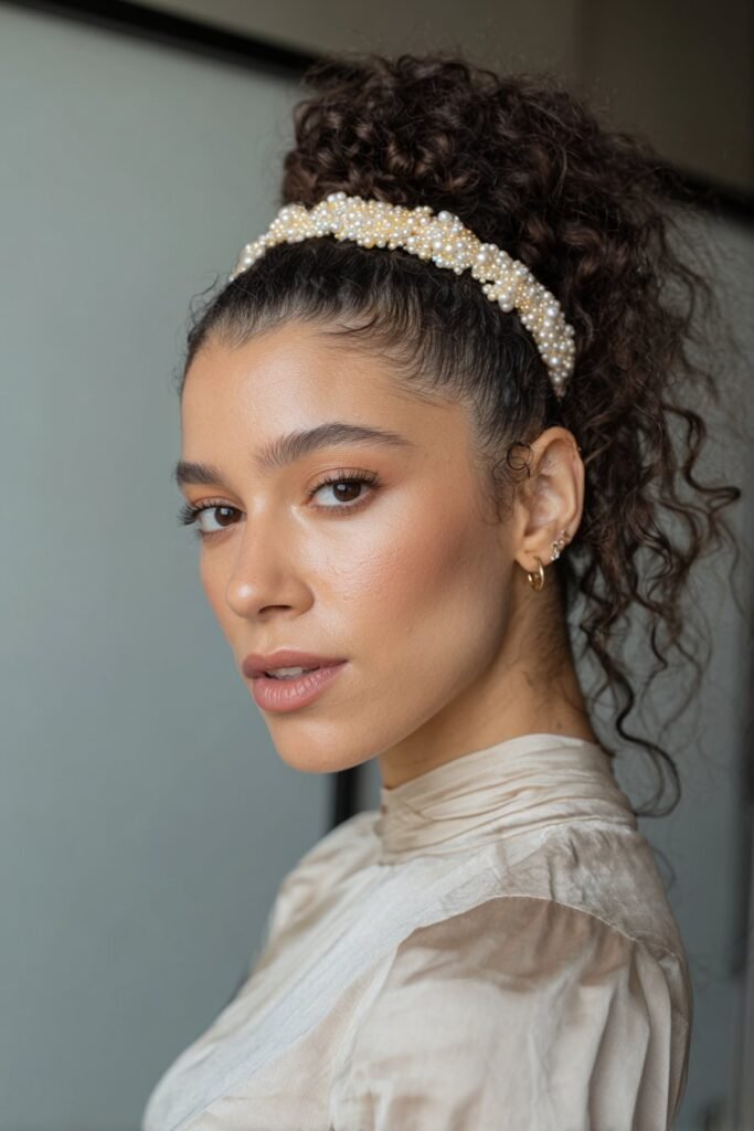 A close-up photo of a young elegant American woman with a rope-twist ponytail and pearl-embellished headband – ponytail hairstyles with headband series.
