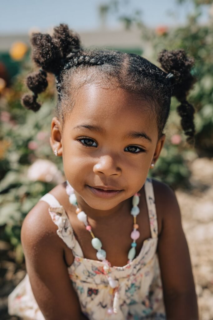 A toddler girl with two puff braids decorated with beads, photographed in a cheerful backyard garden.
