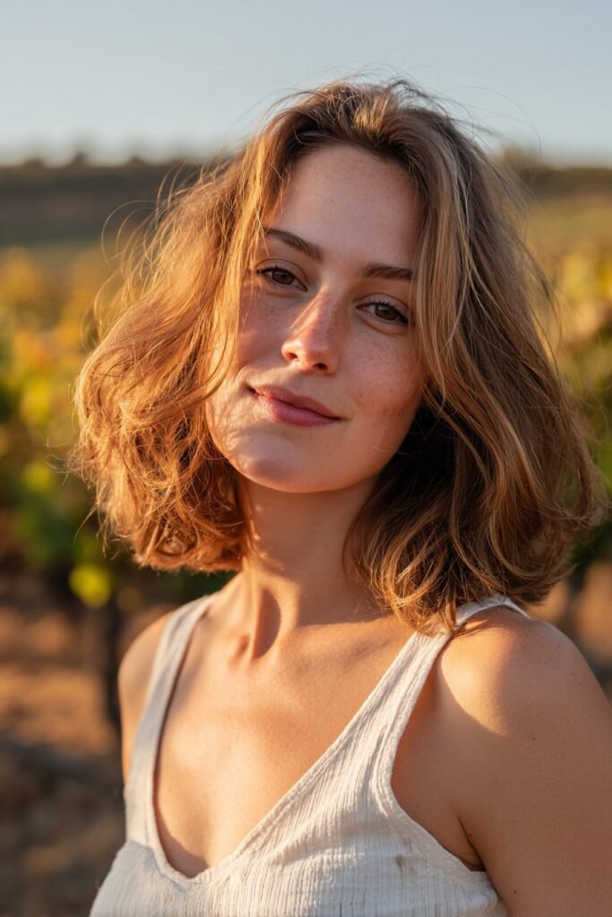 Young woman with thin fine wavy hair in a U-shaped cut with light layers in a sunlit vineyard.
