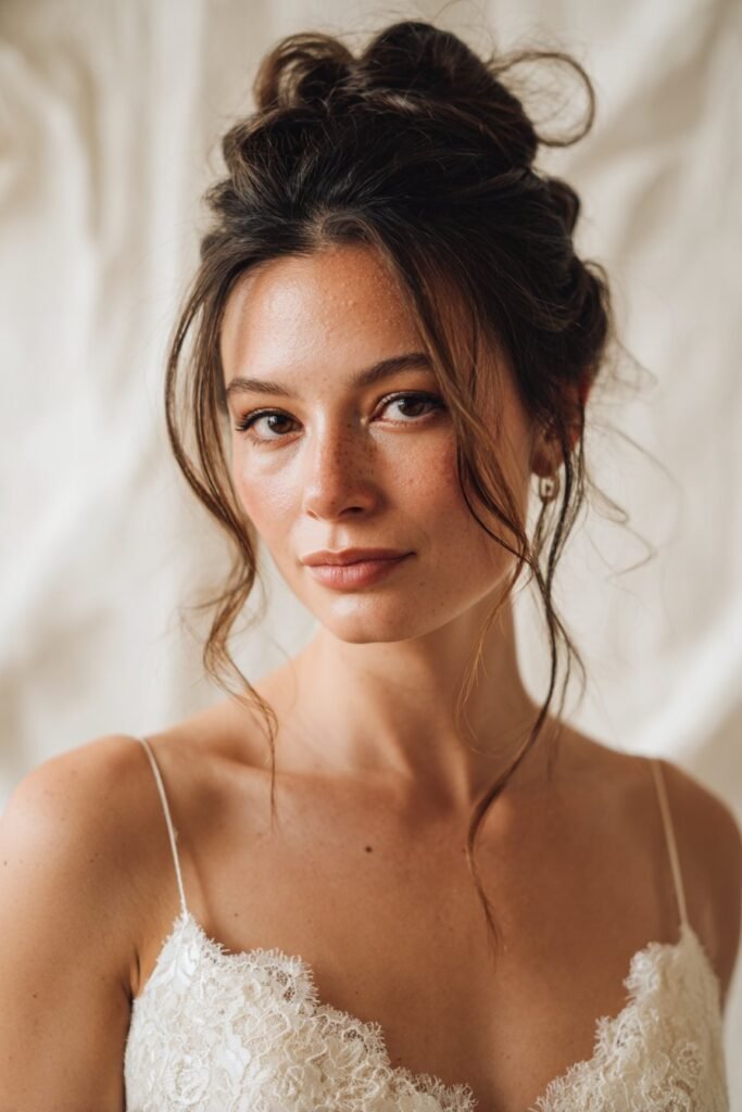 A Undone Romantic Chignon wrapped around the head, giving thin fine hair a fuller, more textured appearance in a romantic bridal style.
