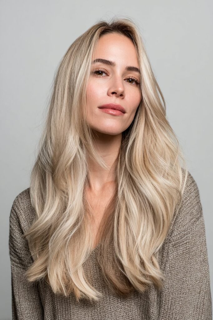 Woman in her 20s with vanilla almond blonde hair, creamy beige-blonde blend flowing smoothly in a neutral fashion studio.