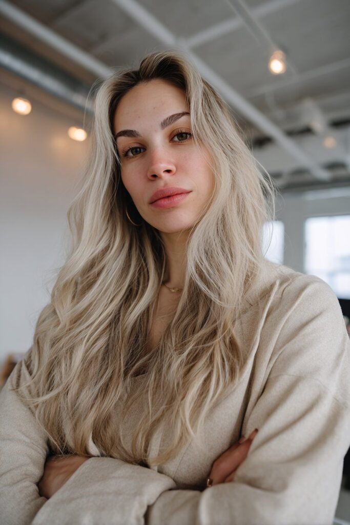 Young woman showcasing vanilla blonde balayage with seamless hand-painted highlights in an upscale salon interior.