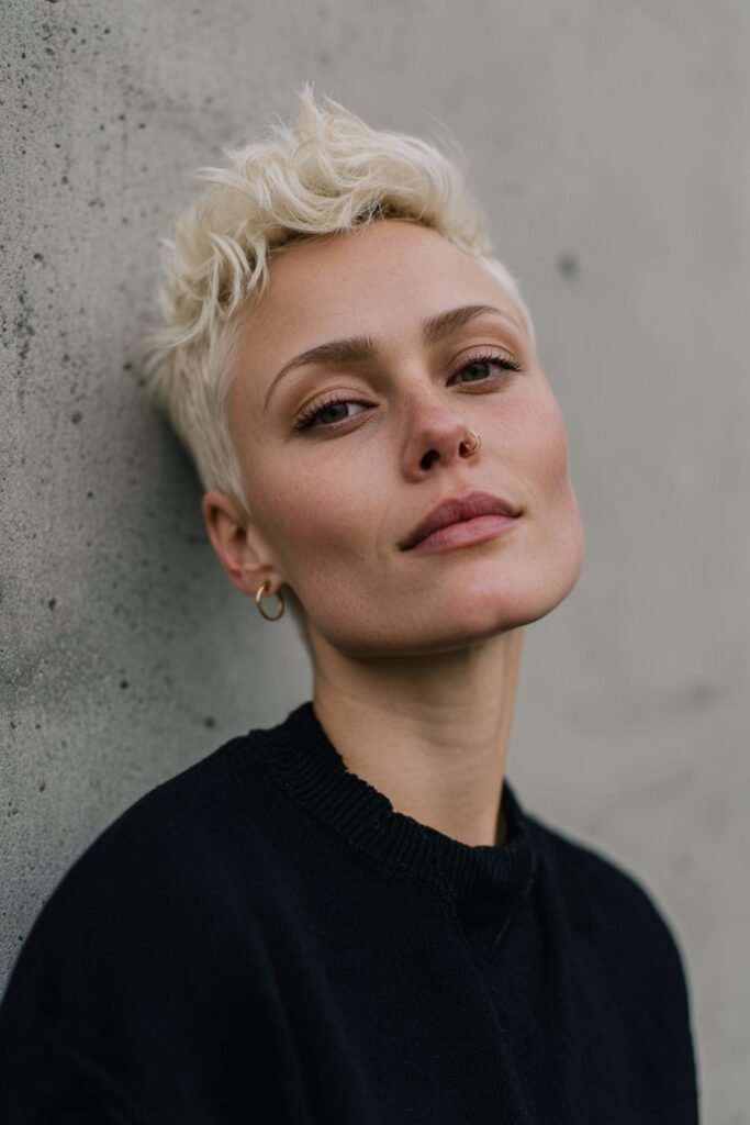Woman in her 20s wearing a vanilla blonde pixie cut, short creamy blonde hair styled cleanly against an urban concrete wall.