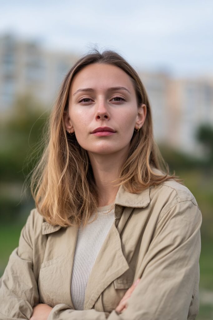 Woman in her 20s with vanilla blonde hair complementing olive skin tones, balanced creamy blonde photographed in a city park.