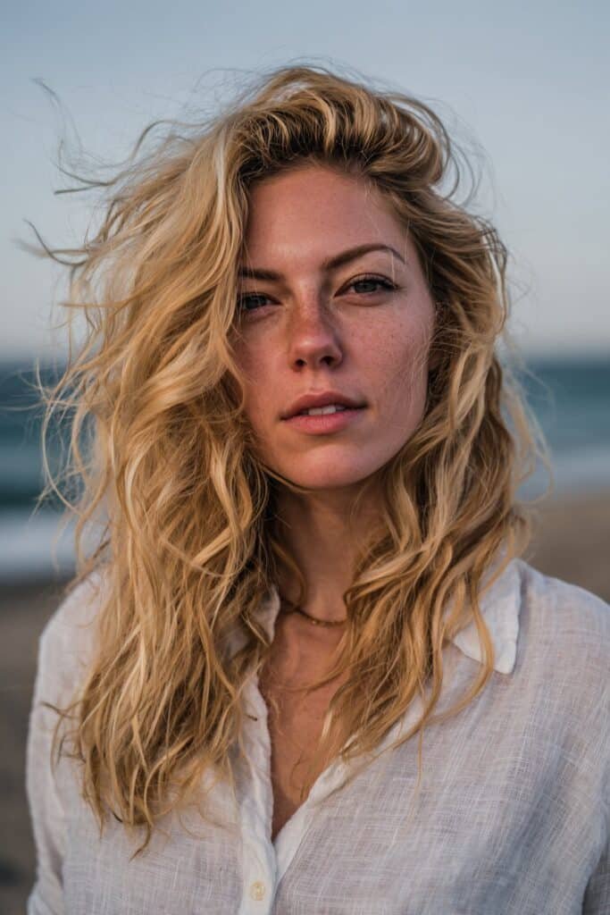 Young woman with vanilla blonde beach waves, loose textured waves captured along a beachside boardwalk.