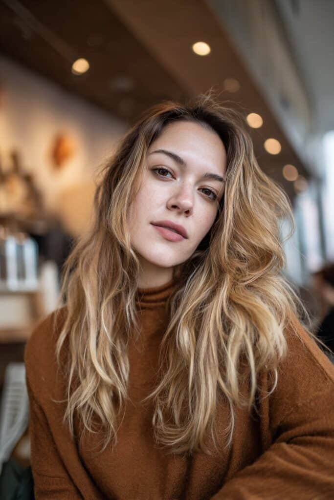 Young woman showcasing vanilla blonde hair with caramel dimension, warm caramel tones adding depth in a cozy café interior.