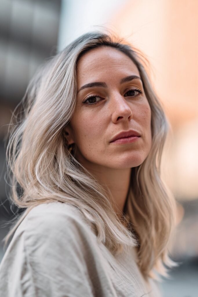 Woman in her 20s featuring vanilla blonde hair with face-framing highlights, enhancing facial features on a softly blurred city street.