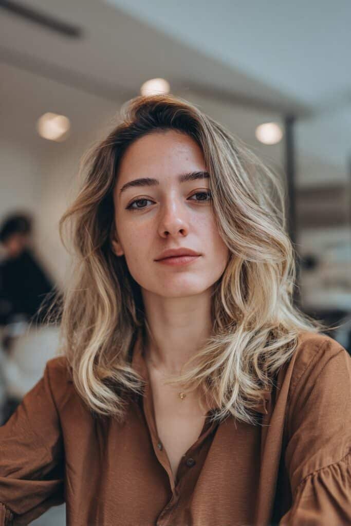 Young woman showcasing vanilla blonde hair with lowlights, added depth and dimension photographed inside a professional salon.