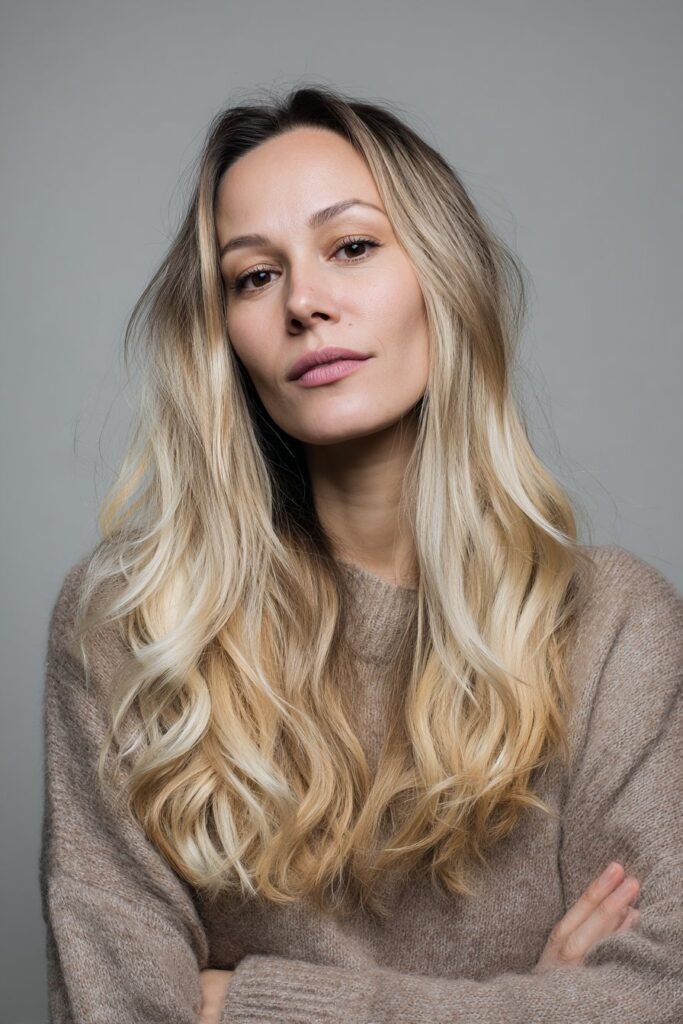Young woman showing vanilla blonde hair with subtle root shadow, darker roots blending naturally in a minimalist indoor hallway.