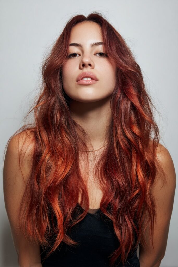 Front-facing portrait of a woman in her 20s featuring vibrant red roots blending into darker lengths, photographed in an industrial studio space.