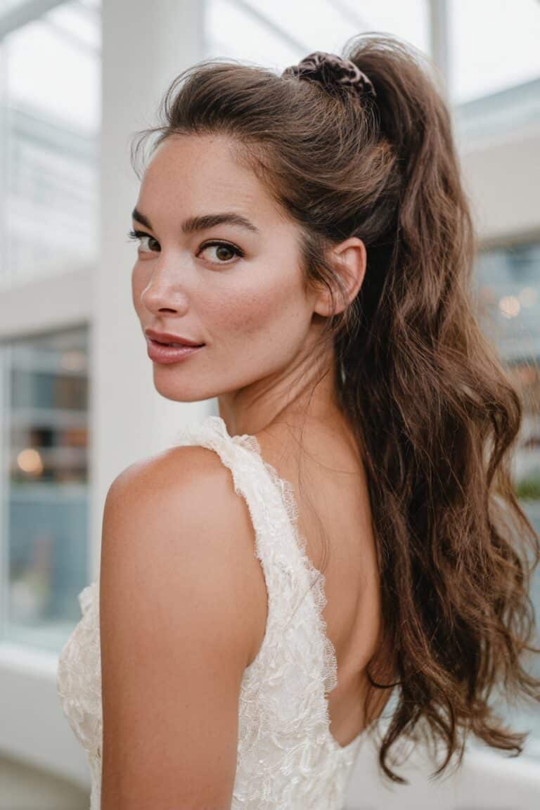 Bride in her 20s showcasing a voluminous ponytail wedding hairstyle tied with a velvet ribbon in a modern glasshouse venue.