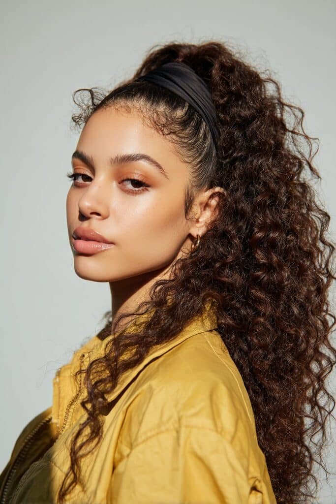 A close-up photo of a young elegant American woman with an ultra-voluminous ponytail and padded wide headband – ponytail hairstyles with headband series.