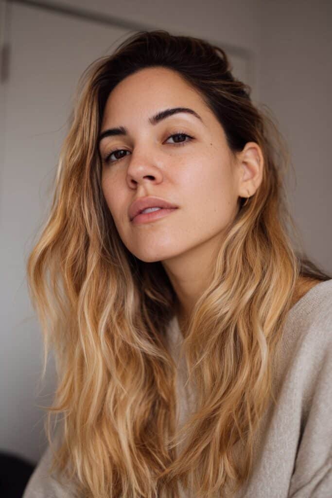 Woman in her 20s with warm butter blonde ombré hair, darker roots blending into buttery blonde ends in a minimalist indoor setting.