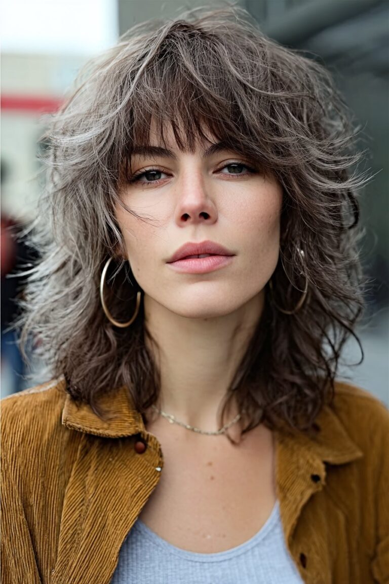 Front-facing portrait of a woman in her 20s wearing a trendy wolf cut, highlighting layered volume in a street-style urban background.