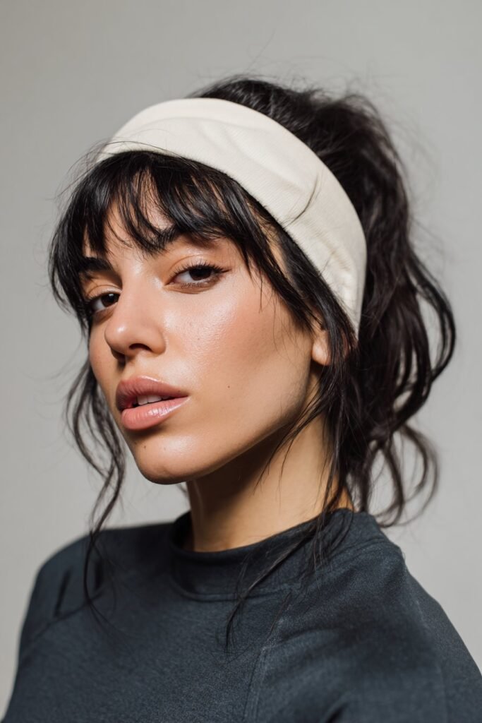 A close-up photo of a young elegant American woman with sporty bangs held by a moisture-wicking wide headband for workout vibes, featuring realistic hair texture under soft natural lighting, subtle makeup, warm skin tone, confident expression, fully clothed in a chic outfit, in an Instagram-style beauty shot – headband with bangs series.