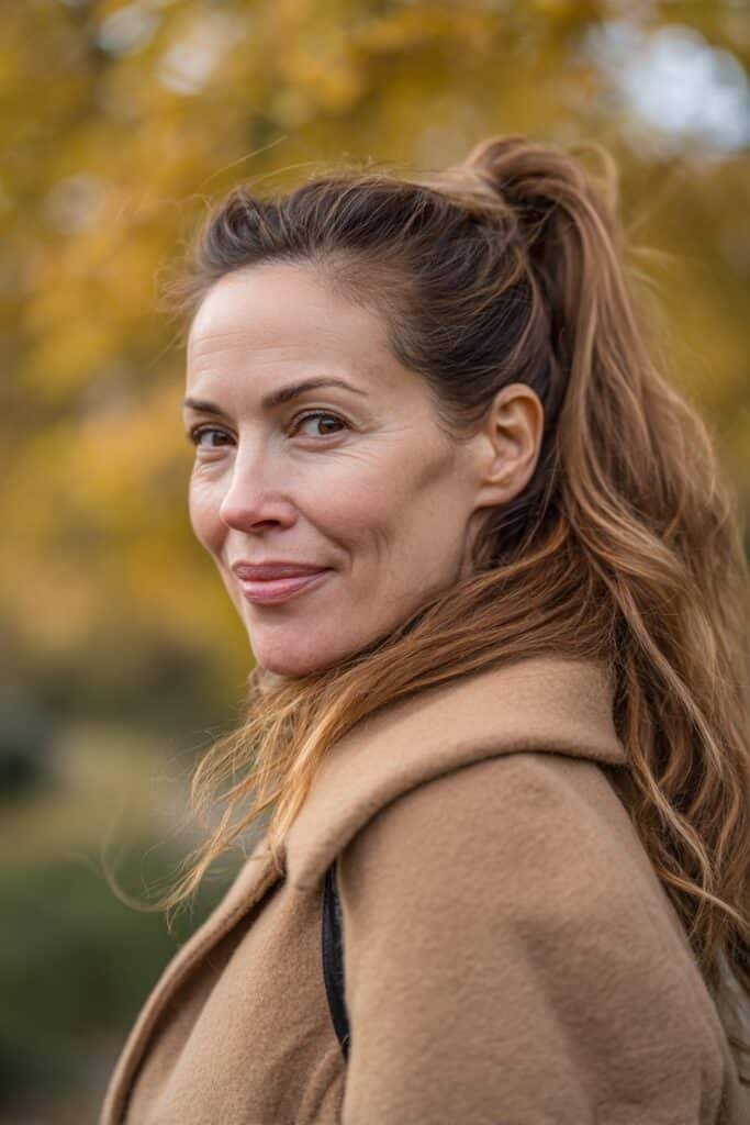 Radiant woman in her 40s with a wrapped ponytail in golden brown, posed in a lush park – ponytail hairstyles for women over 40 series.