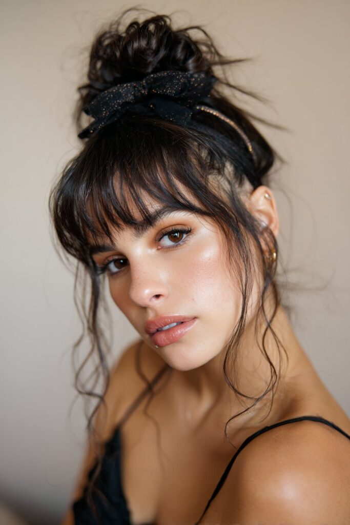 A close-up photo of a young elegant American woman with chunky highlights and micro bangs styled with a sparkly Y2K headband, featuring realistic hair texture under soft natural lighting, subtle makeup, warm skin tone, confident expression, fully clothed in a chic outfit, in an Instagram-style beauty shot – headband with bangs series.
