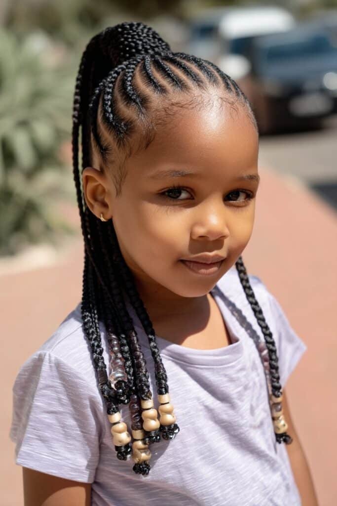 Toddler girl with zigzag part braids pulled into a ponytail with beads in a park walkway.