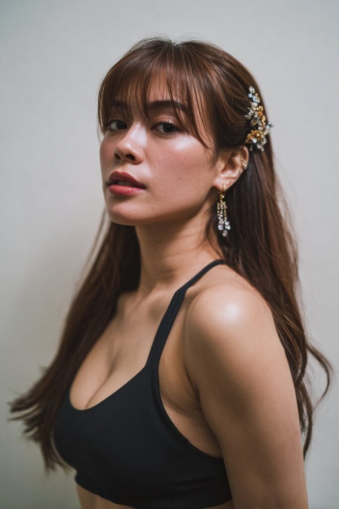 Glamorous long hair with side part bangs and stylish hair accessories.