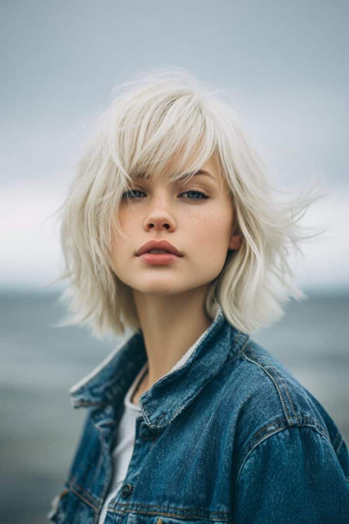 ash blonde shag with side swept bangs and layered texture