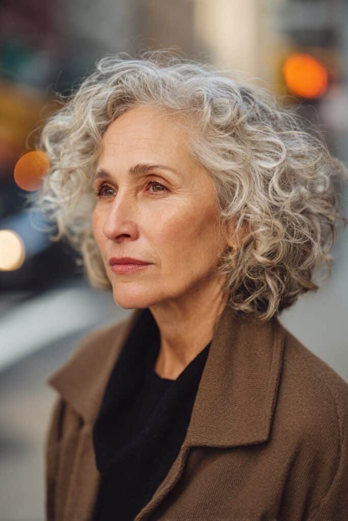 older woman with asymmetrical curly haircut and playful soft curls