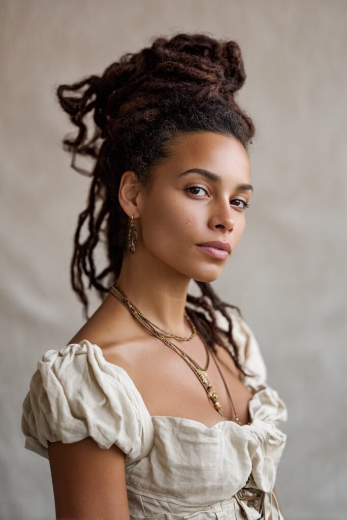 woman with asymmetrical pinned loc updo