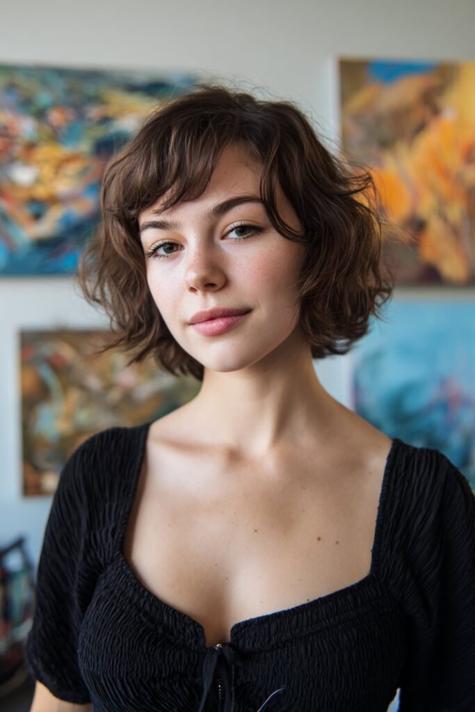 asymmetrical short shag with angled statement bangs
