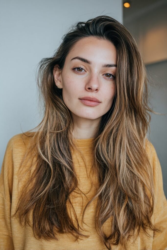Asymmetrical side part hairstyle for long hair with dramatic layered sweep