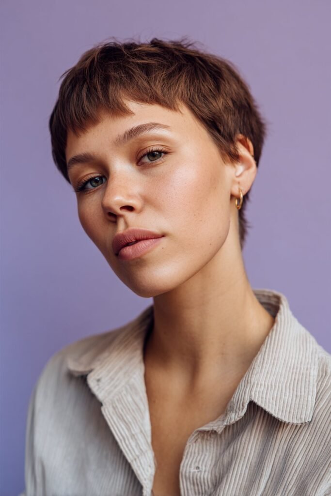 90s bixie haircut with short baby bangs