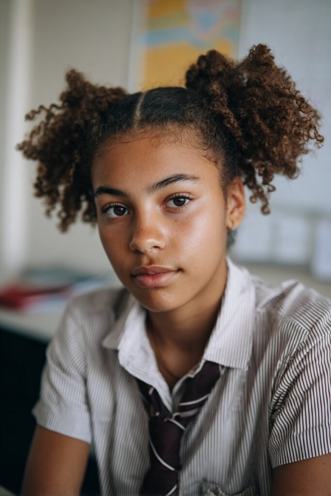girl with fluffy bantu knot out on natural 4c hair